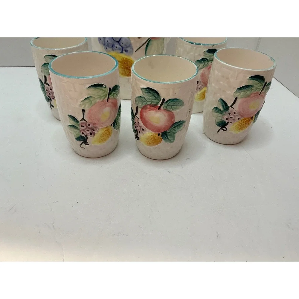 Vintage‎ Pitcher and 5 Cup Set Fruit Basketweave Ceramic Tropical Cream